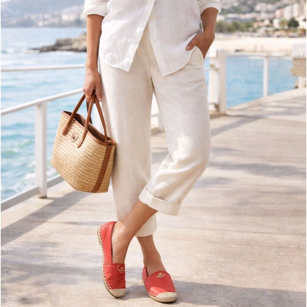 Coach Rhodelle Espadrille Flats 7.5 Red Leather Slip On Jute Sole Cap Toe Resort